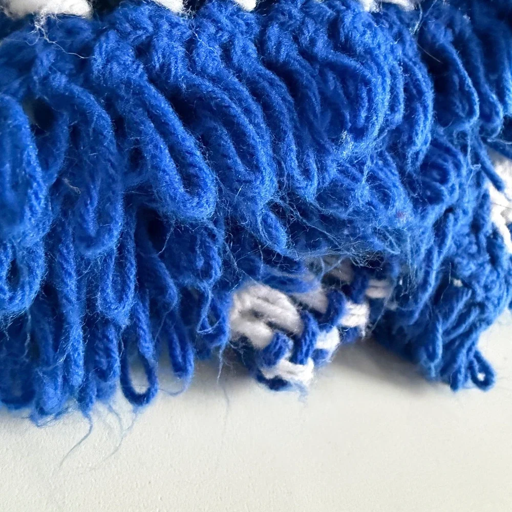 Vintage Handmade Crochet Afghan Blanket Blue White Striped Fringe Throw 97x47